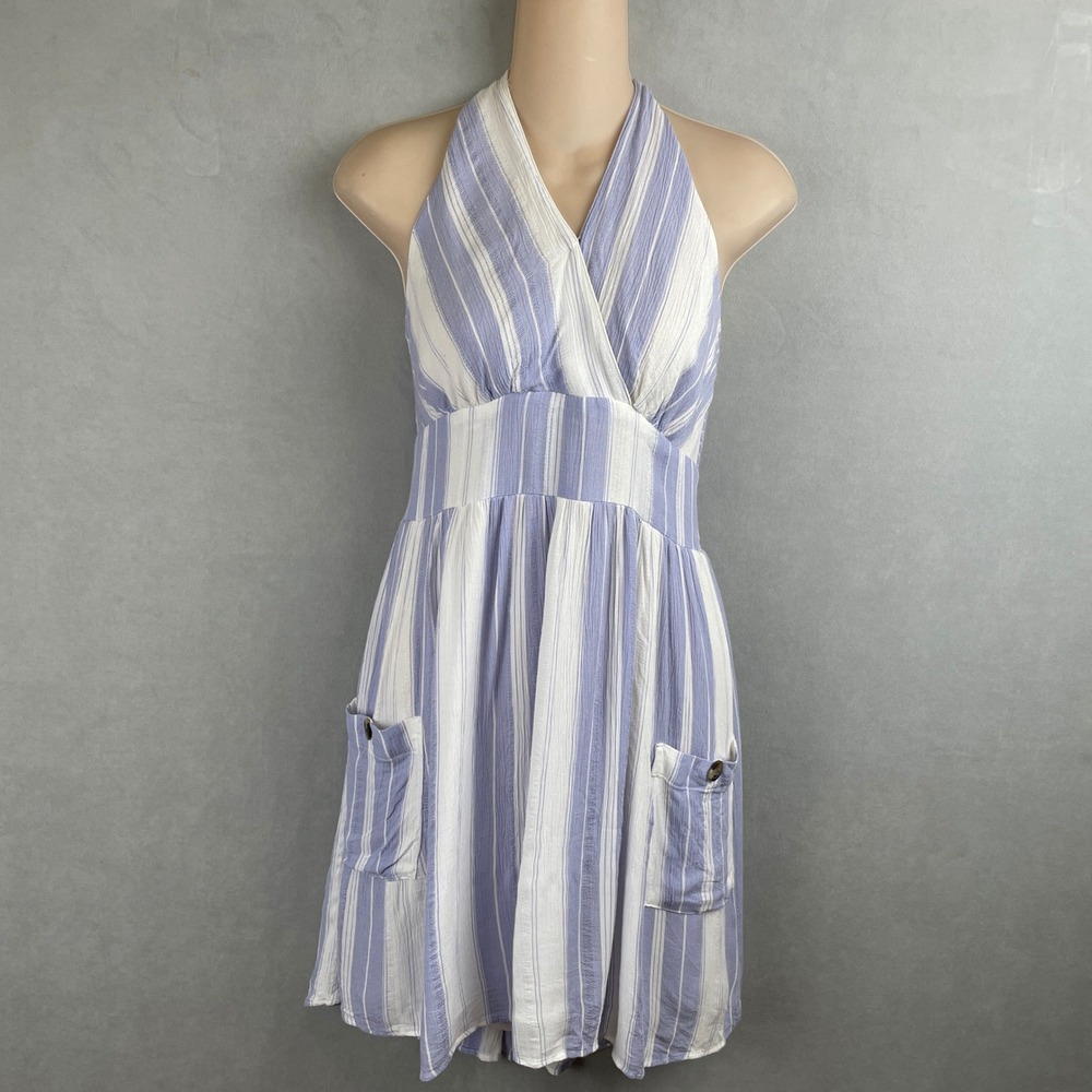 American Eagle Blue White Striped Halter Gauze Sun Dress Pockets Smocked Back M